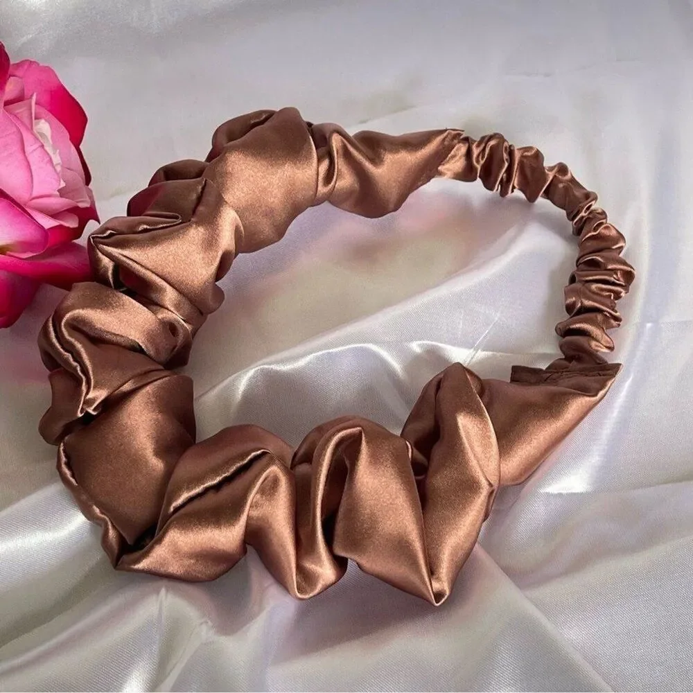Brown Satin Headband wrap scrunched For Women Pleated design